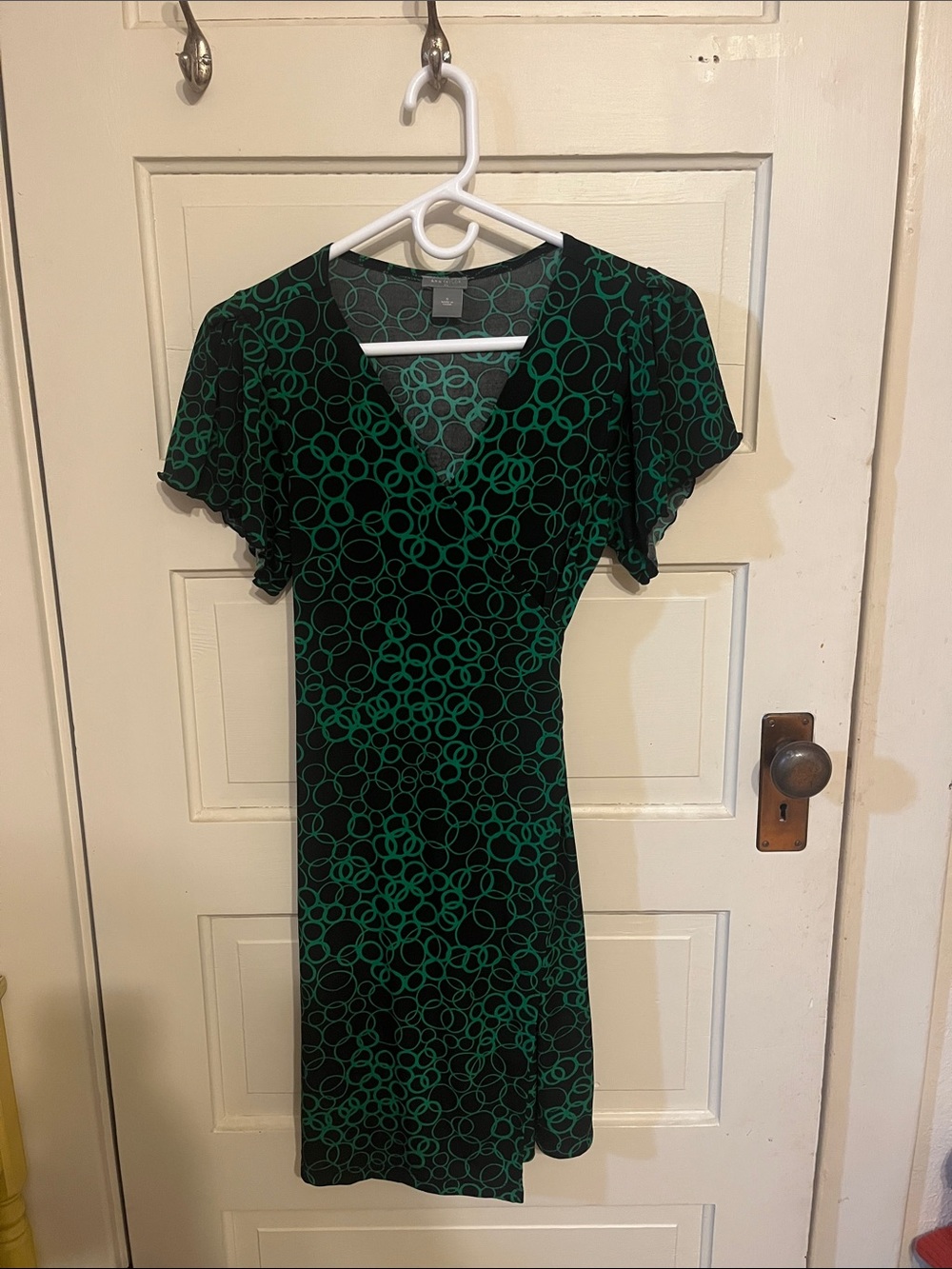 Ann Taylor Black Wrap Dress with Green Circular Print